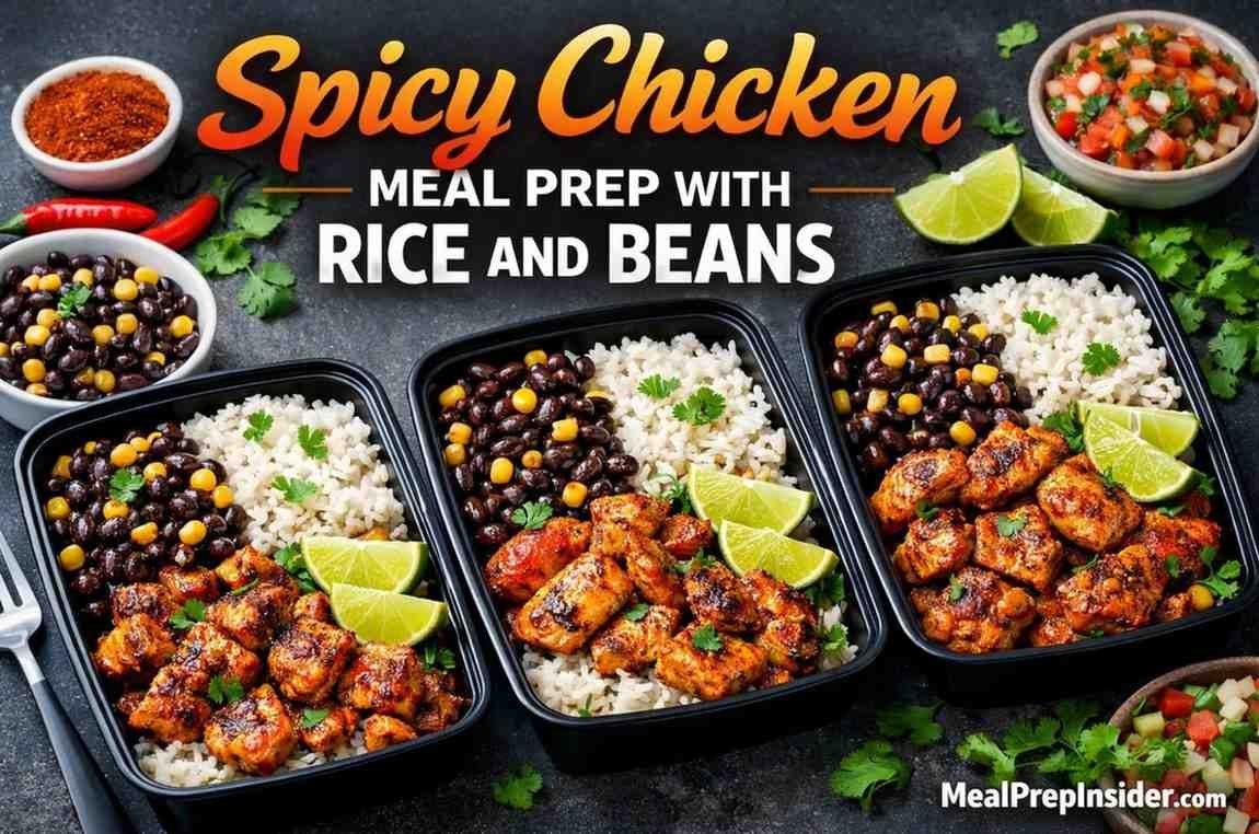 spicy chicken meal prep with rice and beans